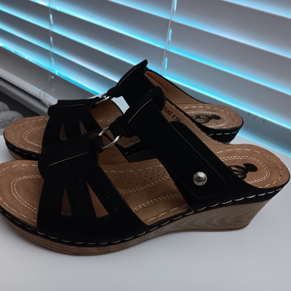 Black Wedge Sandals with Cork Heel and Adjustable Fit